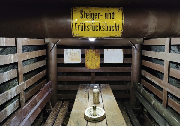 Steiger and breakfast bay sign in the Rammelsberg ore mine, UNESCO World Heritage Site, Goslar,