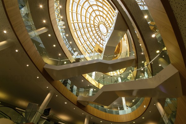 Soaring modern elliptical atrium in the Central Library building, city of Liverpool, England, UK