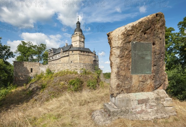 Falkenstein Castle in the Harz Mountains, in front the memorial stone for Eike von Repgow,