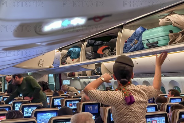 Etihad airline aircraft, interior, rows of seats with passengers. Boeing 787 aircraft on a flight
