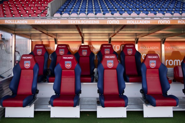 bench, bench, empty, logo, Recaro, seats, Voith-Arena, Heidenheim, Baden-Württemberg, Germany,
