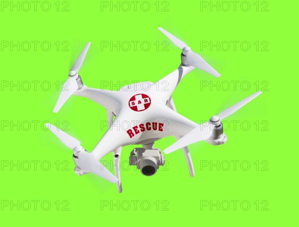 SAR, search and rescue UAV unmanned aircraft system quadcopter drone flying over A green screen