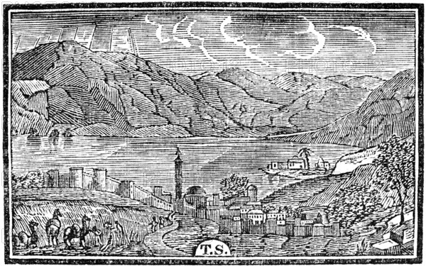 The Sea of Galilee with the city of Tibarias on the shore, city wall, mountain landscape, woodcut,