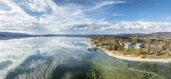 Aerial view, panorama of the Mettnau peninsula in western Lake Constance with the spa centre,