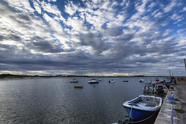 Carne Pier, fishing boats at dusk, Carne Beach, Wexford, Gerrans Bay, Roseland Peninsula, Ireland,