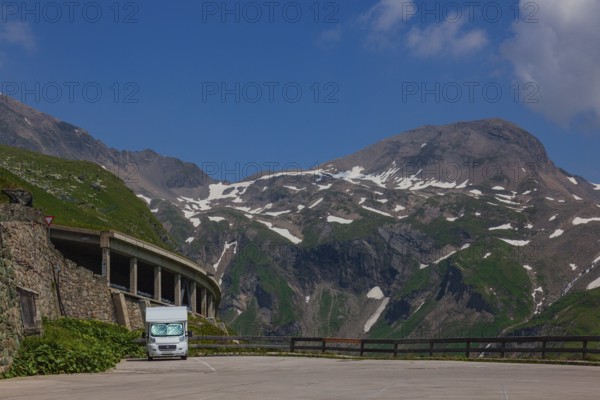Camper parking at a parking lot at the Grossglockner High Alpine Road, a panoramic road in Austria,