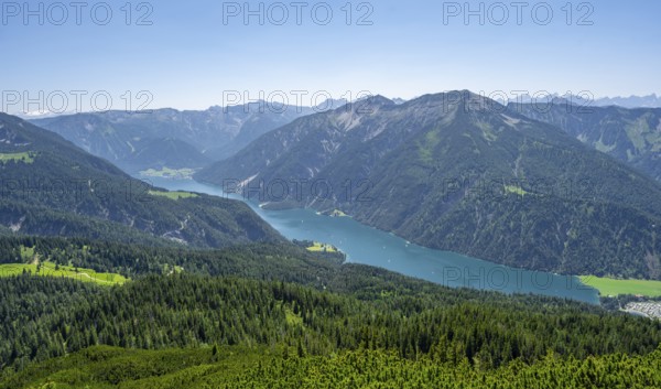 View of Lake Achensee with Seekarspitze and Seebergspitze peaks, Unnütz crossing, Brandenberg Alps,