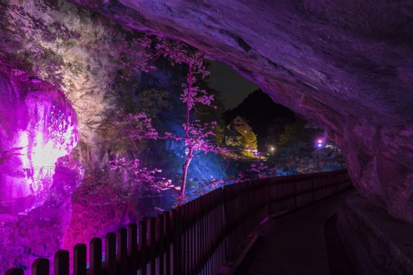 The Tamina Gorge and the Tamina River illuminated in colour at night, Altes Bad Pfäfers, St.