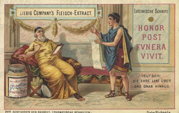 Picture series The history of writing, Latin script, Liebig picture, digitally restored