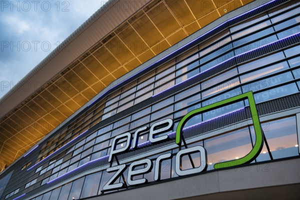 Exterior view, glass façade, logo, Europa League, PreZero Arena, Sinsheim, Baden-Württemberg,