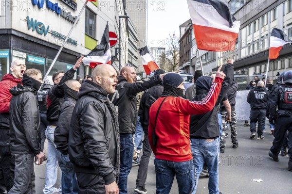 The neo-Nazi group Jung und Stark, JS, demonstrates in the city centre of Essen, demanding the