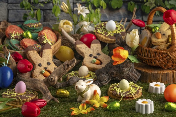 Varied Easter decorations with colourful eggs, flowers and biscuits on green grass