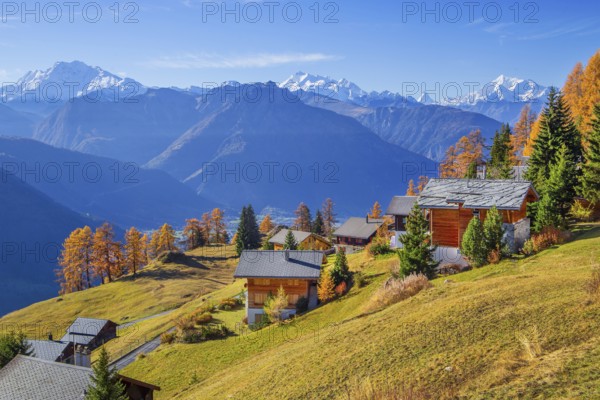 Autumn landscape with chalets above the Rhone valley and panorama of Fletschhorn 3985m, Dom 4545m,