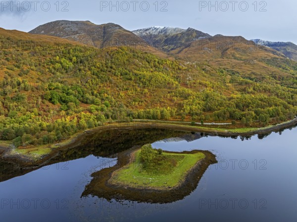 Fjord, coast, mountain landscape, reflection, island, autumn, aerial view, Loch Leven, Scotland,