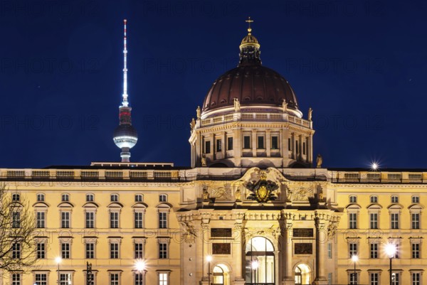 Night shots, Berlin Mitte, Humboldtforum and television tower, Berlin, Germany, Europe