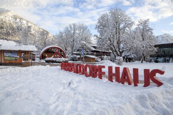Winter, snow, lettering Oberstdorfhaus, at the Kurpark, Prinzregentenplatz, Oberstdorf, Oberallgäu,