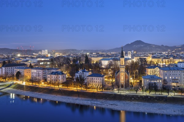 Salzburg at the blue hour, protestant parish church, Christuskirche, Salzach, Salzburg City,