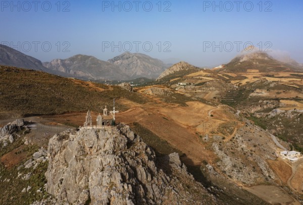 Drone image, Holy Church of Agios Paision near Plakias, south coast, Crete, Greece, Europe