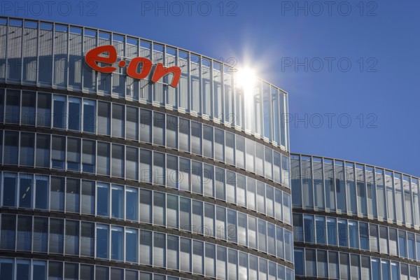 Essen, North Rhine-Westphalia, Germany, E.ON headquarters. Company logo on the facade of the