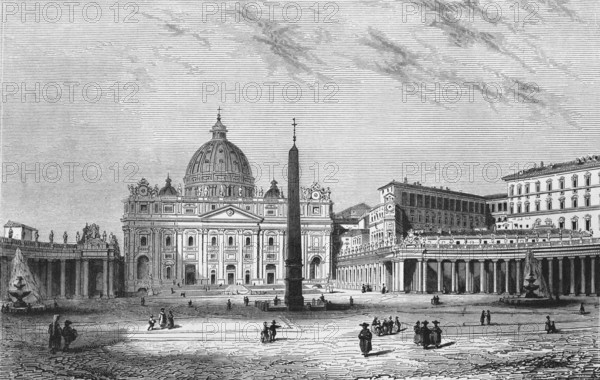 St Peter's Square with St Peter's Basilica in Vatican City within Rome, clergy, visitors, column