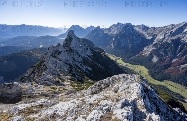 View at the summit of the Große Arnspitze, mountain panorama with Leutasch valley and