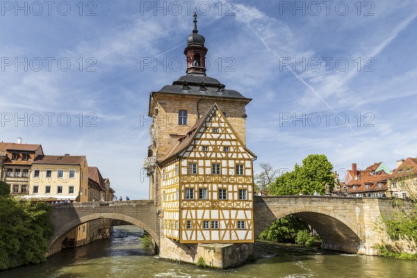 Old Town Hall in the Regnitz and Upper Bridge, Bamberg, Bavaria, Germany, Europe