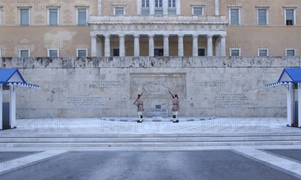 Evzones at the changing of the guard at the Tomb of the Unknown Soldier in front of the Parliament