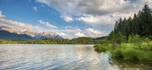 Evening mood at Barmsee, view of the Karwendel mountains, Krün, Bavaria, Germany, Europe