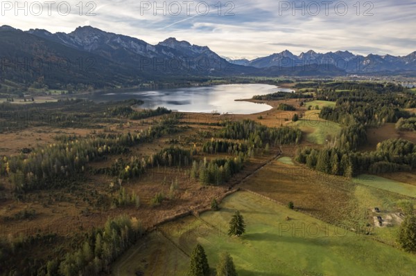 The Allgäu with Bannwaldsee and the Alps seen from the air, Schwangau, Allgäu, Bavaria, Germany,