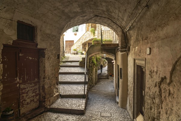 Narrow alleyways in the medieval village of Rocchetta Nervina in Val Nervia, Liguria, Italy, Europe