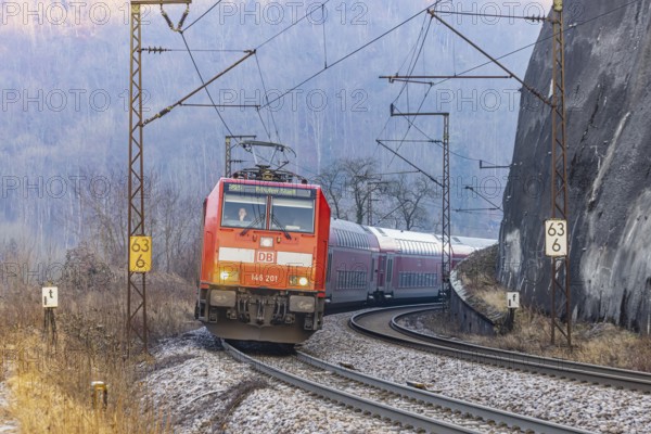 Geislinger Steige, railway line of the Filstallinie railway at dawn. Alb ascent to the Swabian Alb.