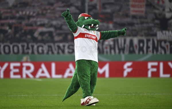 Mascot Fritzle VfB Stuttgart crocodile, DFB Cup campaign, MHPArena, MHP Arena Stuttgart,