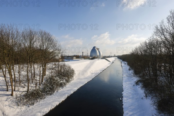 Dortmund, North Rhine-Westphalia, Germany - Sunny winter landscape in the Ruhr area, ice and snow
