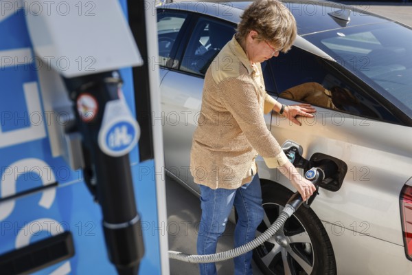 Herten, North Rhine-Westphalia, Germany - Hydrogen car fills up with H2 hydrogen at an H2 hydrogen
