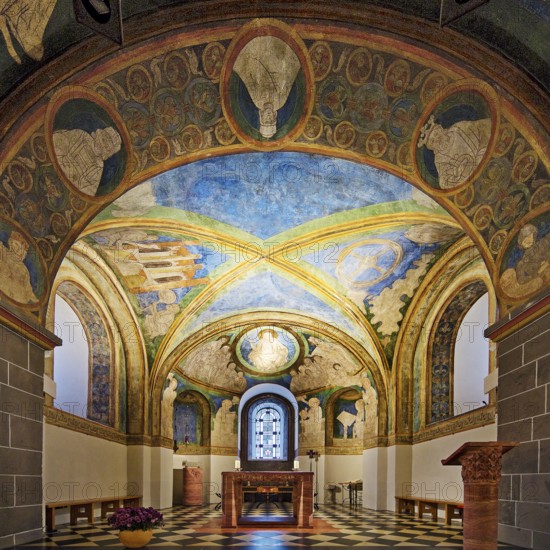 St. Maria and Clemens, Romanesque double church, lower church, view into the choir with ceiling