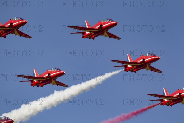 BAE Systems Hawk aircraft of the RAF Royal air force Red Arrows display team flying, England,