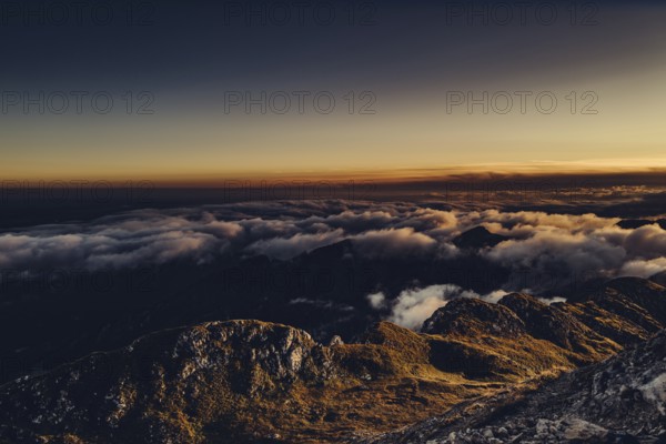 Sunrise hike on the Hochplatte in the Ammergau Alps, Ammergebirge in the Allgäu, Bavaria, Germany,