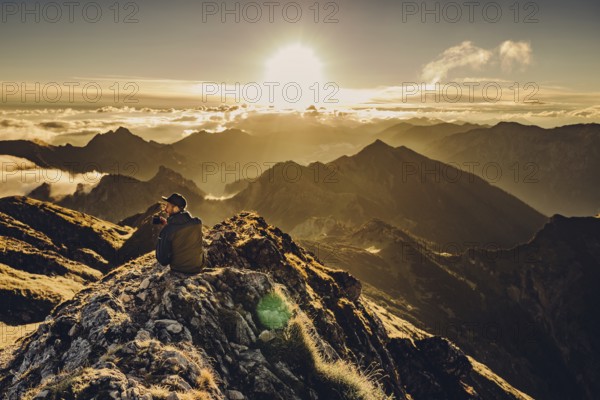 Sunrise hike on the Hochplatte in the Ammergau Alps, Ammergebirge in the Allgäu, Bavaria, Germany,