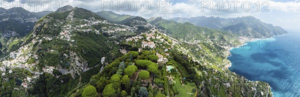Panorama of Ravello from a drone, Amalfi Coast, Tyrrhenian Sea, Salerno, Campania, Italy, Europe