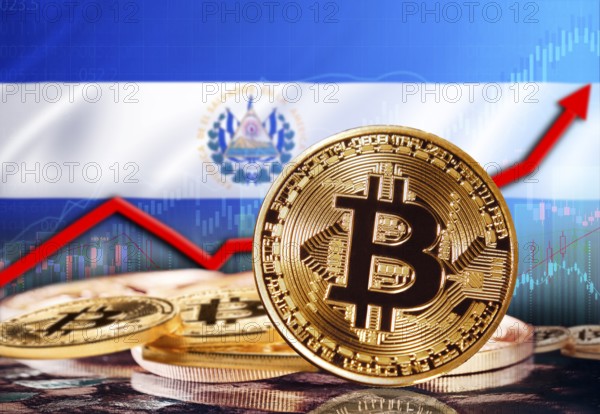 Bitcoin with El Salvador flag in the background. Bitcoin rising with the El Salvador Flag in the