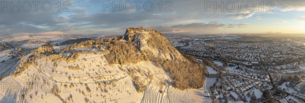 Aerial view, panorama of the snow-covered Hegau volcano Hohentwiel with Germany's largest castle