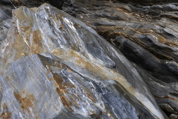 Rocks, granite rock structures in the Maggia River near Ponte Brolla, in the Maggia Valley, Valle