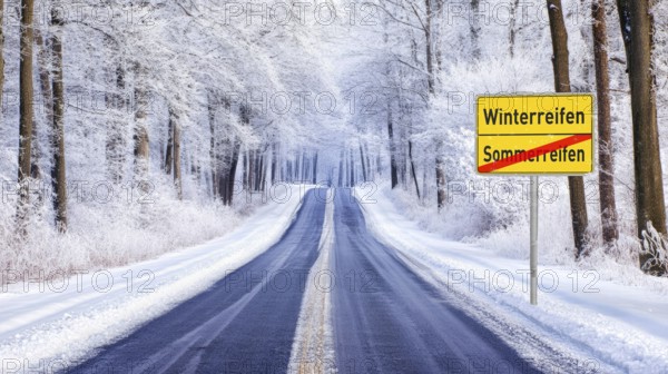 Winter road, compulsory winter tyres, Alpine sign, snow, snowfall, slippery road, road safety, risk