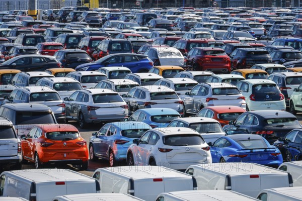 Duisburg, North Rhine-Westphalia, Germany - New cars, transhipment centre, car terminal in Duisburg