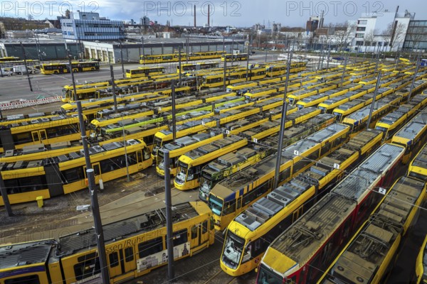 Essen, North Rhine-Westphalia, Germany, Trams at Ruhrbahn depot, Verdi and EVG warning strike,