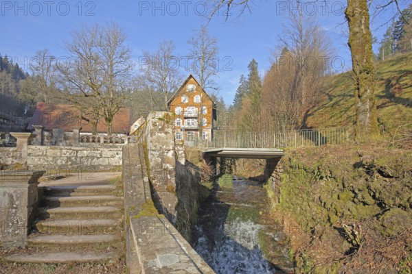 Wall and stairs at the Lierbach with building, stream, Allerheiligen Monastery, Oppenau, Northern