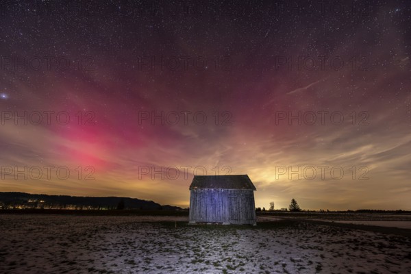 Northern Lights, Aurora borealis, violet, pink, red, hut, stars, Loisach-Lake Kochel-Moor,