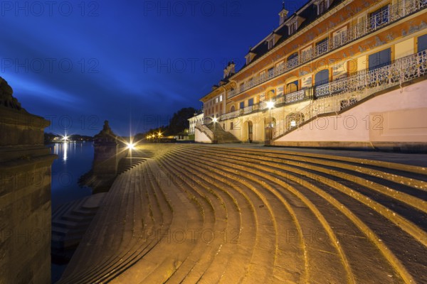 Staircase to the Elbe at the Water Palace of Pillnitz Castle at dusk, Dresden, Saxony, Germany,