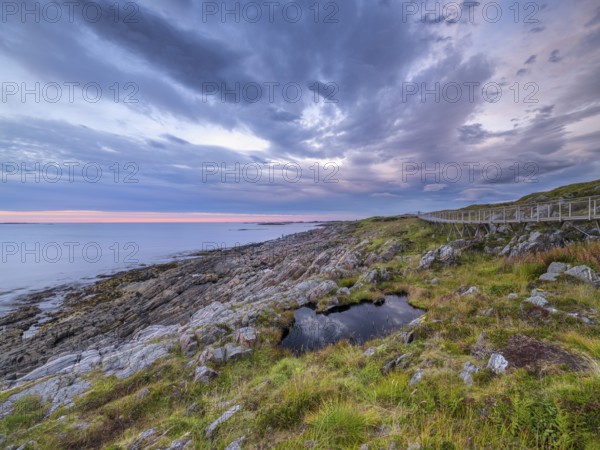 Circular route along the Atlantic Road, blue sky with clouds, sunrise, Atlanterhavsveien, Møre og