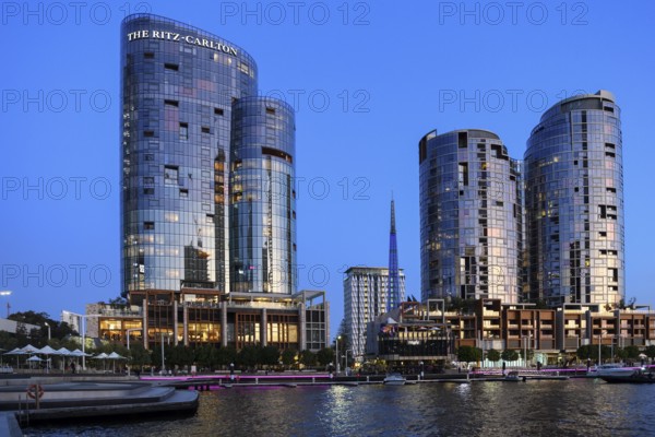 Skyline at Elisabeth Quay, blue hour, blue hour, harbour, Perth, State of Western Australia,